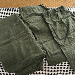 Brooklinen Linen King Duvet Cover and Shams - Green with khaki stripe